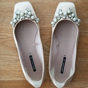 EUC Zara Satin Ballerina Bejeweled Flats